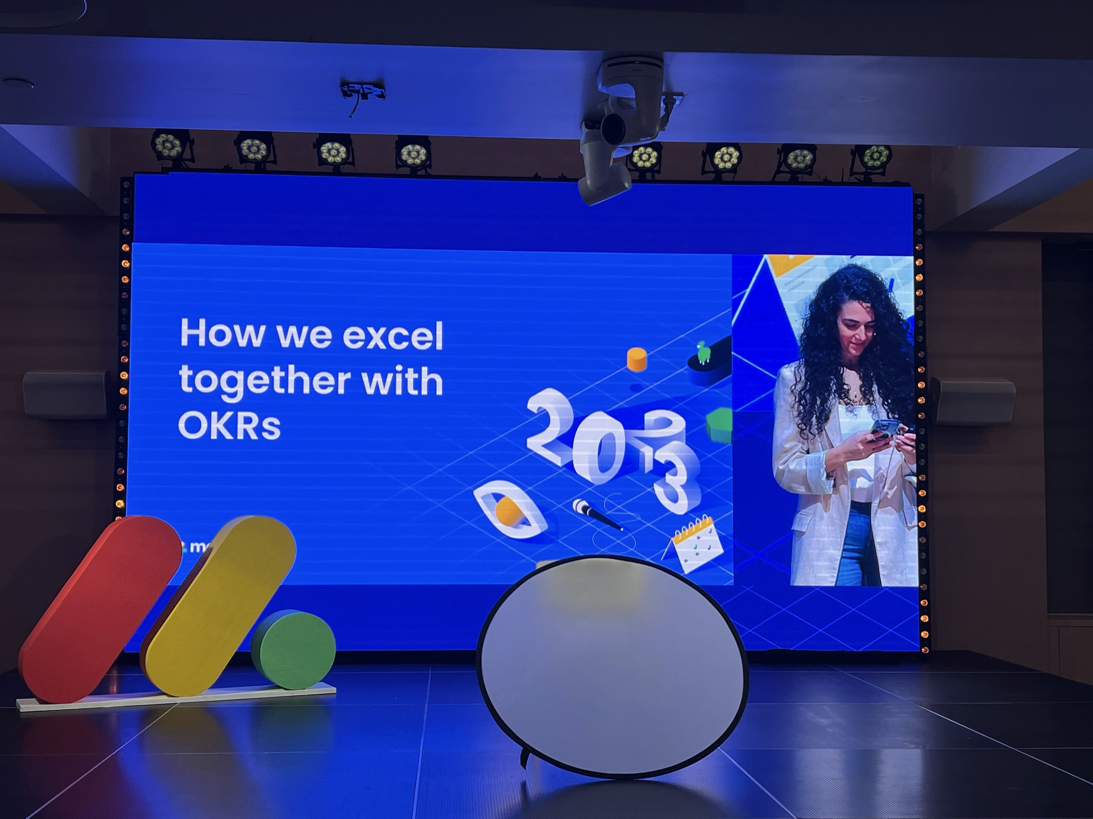 Live monday.com presentation displayed on the large LED wall