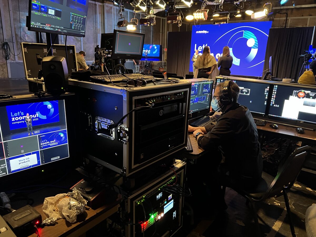 Live broadcast control room with multiple screens