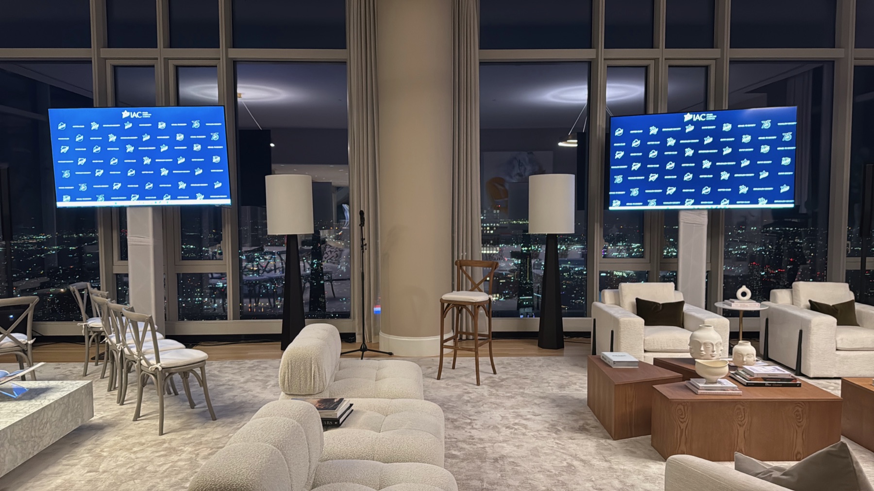 Two event displays installed on floor stands in a New York venue